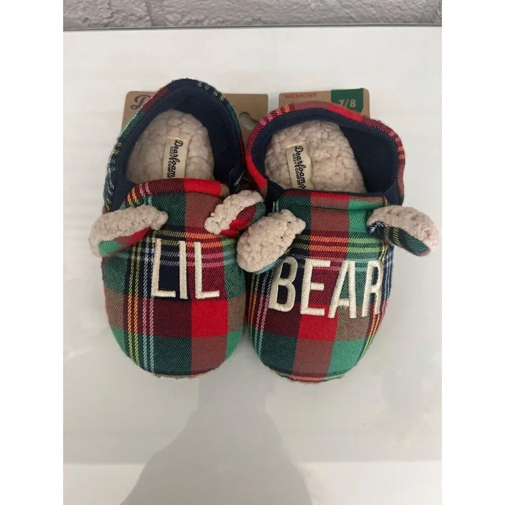 Dearfoams Cozy Comfort Lil Bear Plaid Baby Shoes Size 7/8